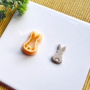 Può includere: Due stampi in silicone a forma di coniglio, uno con un interno vuoto e l'altro pieno. Lo stampo vuoto è di colore arancio chiaro e lo stampo pieno è grigio.