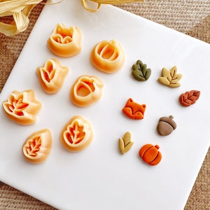 Può includere: Una collezione di ciondoli in pasta polimerica a tema autunnale, tra cui zucche, foglie, ghiande e una volpe. I ciondoli sono in tonalità di arancione, marrone, verde e giallo.