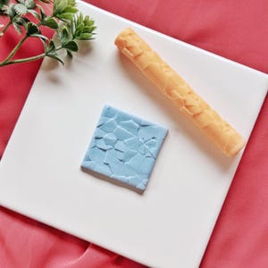 May include: A light blue square with a cracked pattern and a long, textured, orange cylinder. Both items are on a white square surface, with a sprig of green leaves in the upper left corner. The background is a solid pink.