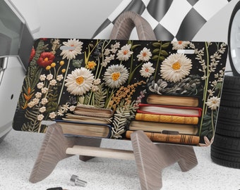 Vanity License Plate Daisies and Books | Wildflower Book Garden Lover New Driver Gift | Front License Plate For New Car | Gift For Mom