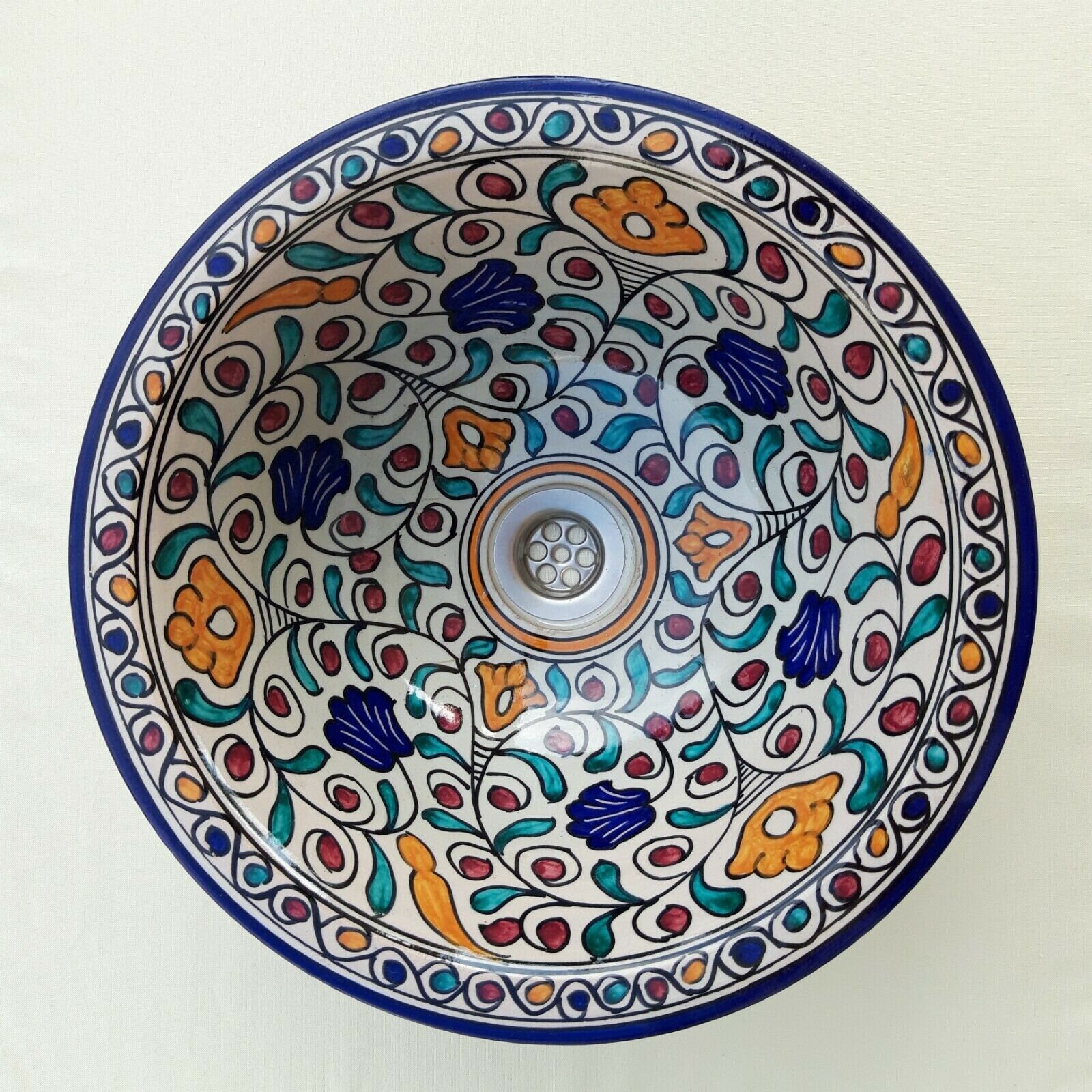 Vasque Céramique Ronde Marocaine Évier Lave Main Lavabo A Poser ou Encastrer 35 cm