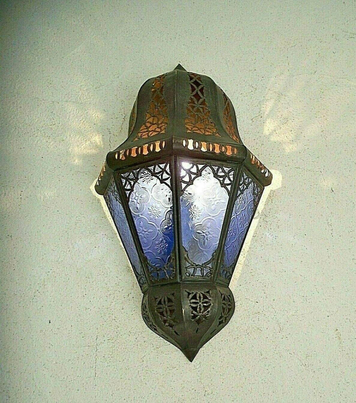 Applique Murale Marocaine Verres Bleus et Fer Forgé Lampe Lustre Lanterne 35 cm