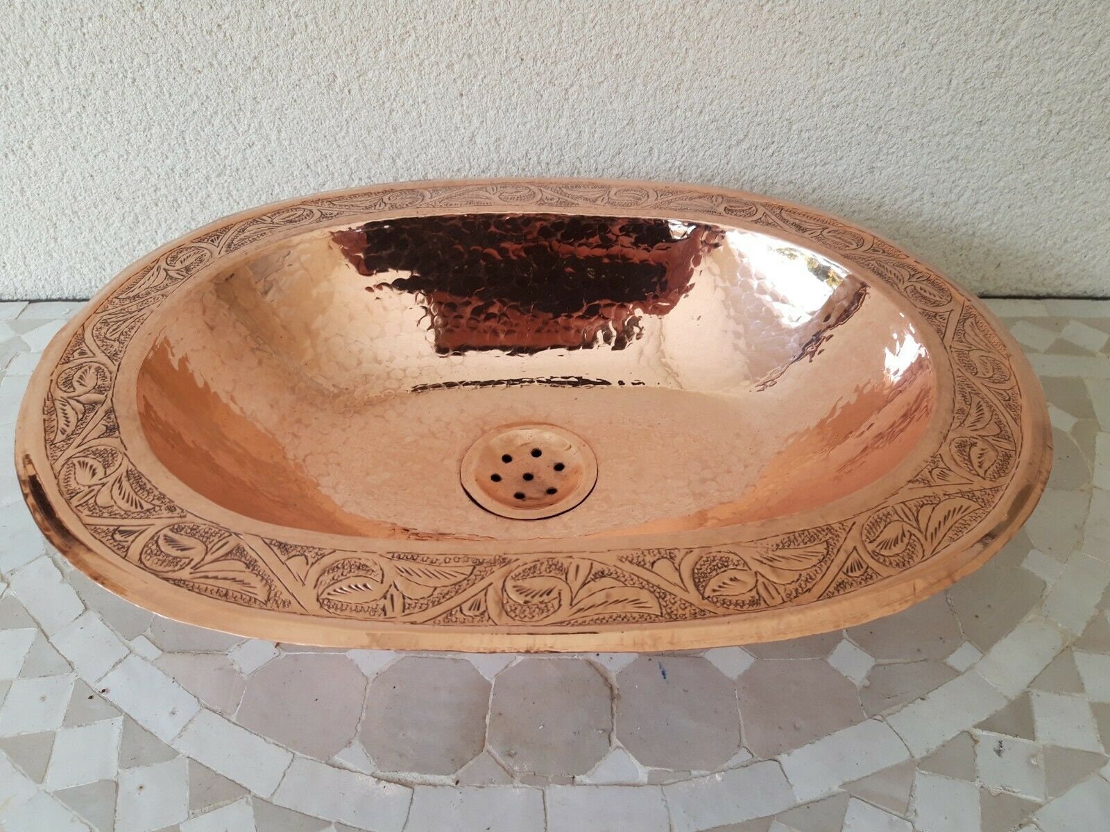 Vasque Cuivre Rouge Marocaine Ovale Gravée Évier Lave Main Lavabo 39x30cm