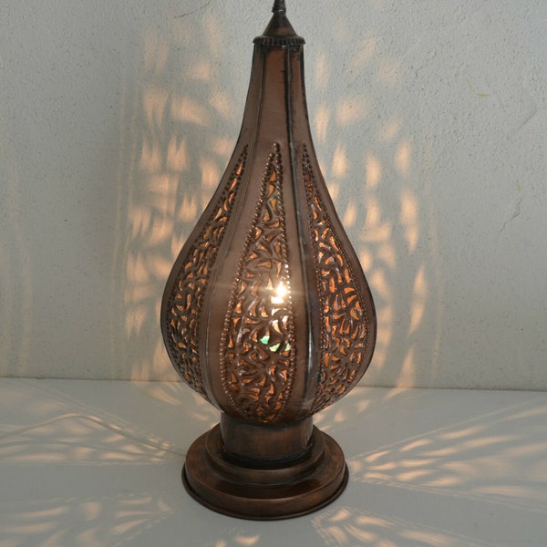 Electrified bedside lamp Moroccan iron patinated lantern photophore oriental candle holder