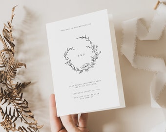 Botanical Monogram Wedding program template, Minimalist Booklet program, Modern Church program wedding, Template Canva, DIGITAL DOWNLOAD