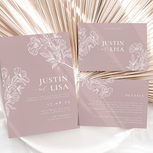 Minimalistische bruiloft uitnodiging sjabloon Canva, moderne stoffige roze bloemen bruiloft uitnodiging kaartenset, 4-delige trouwsuite, afdrukbare uitnodiging