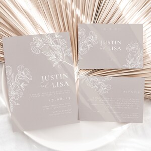 Minimalistische bruiloft uitnodiging sjabloon Canva, moderne beige bloemen bruiloft uitnodiging kaartenset, 4-delige trouwsuite, afdrukbare uitnodiging