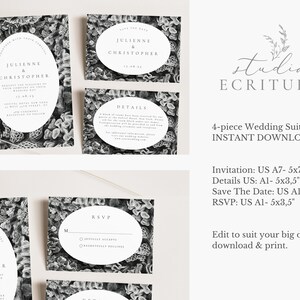 Printable wedding invitation card template, Black and White Wedding, Vintage Wedding Invitation Suite, invitation Card Set, Save the date image 9