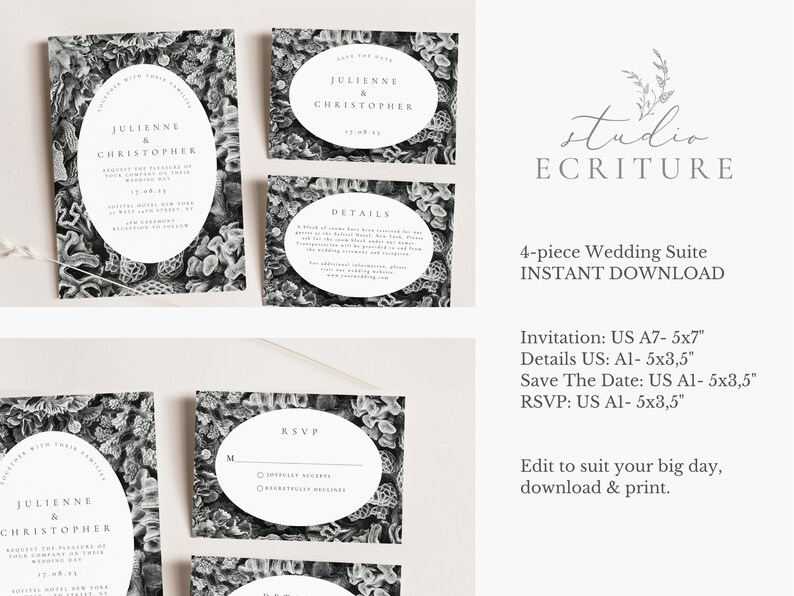 Printable wedding invitation card template, Black and White Wedding, Vintage Wedding Invitation Suite, invitation Card Set, Save the date image 9