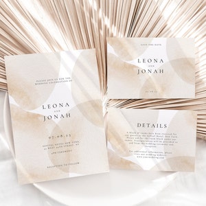Modello di invito a nozze acquerello beige minimalista Canva, set di biglietti di invito a nozze minimal moderno, matrimonio in 4 pezzi, invito stampabile