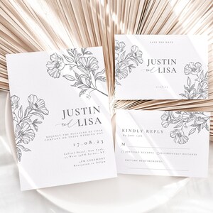Minimalistische bruiloft uitnodiging sjabloon Canva, moderne witte bloemen bruiloft uitnodiging kaartenset, 4-delige trouwsuite, afdrukbare uitnodiging