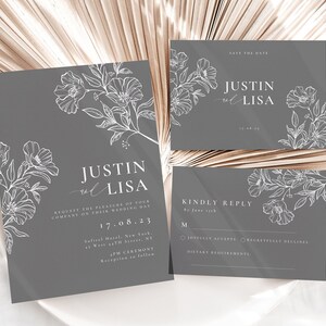 Minimalistische bruiloft uitnodiging sjabloon Canva, moderne grijze bloemen bruiloft uitnodiging kaartenset, 4-delige trouwsuite, afdrukbare uitnodiging