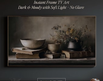 Dark Moody Still Life Frame TV Art Antique Books & Floral Painting Old Money Wall Art No Glare Samsung Frame TV Art Download