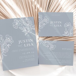 Minimalistische bruiloft uitnodiging sjabloon Canva, moderne Dusky Blue bloemen bruiloft uitnodiging kaartenset, 4-delige trouwsuite, afdrukbare uitnodiging