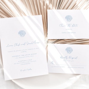 Summer Beach Wedding Invitation Suite Template, Seashell Blue Invitation Card Set, Editable Printable Invite, DIGITAL DOWNLOAD