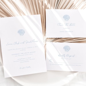 Plantilla de suite de invitación de boda de playa de verano, conjunto de tarjetas de invitación azul concha, invitación imprimible editable, DESCARGA DIGITAL