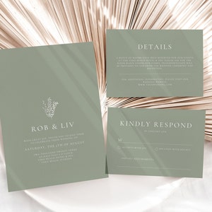 Minimalist Wedding Invitation Suite Template, Modern Sage Green Invitation Card Set, Editable Printable Invite, DIGITAL DOWNLOAD