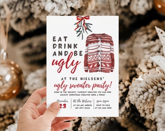 ugly sweater party invitation template Canva, editable ugly sweater holiday party invite for home work or office, ugly sweater contest