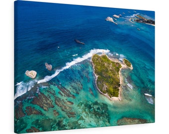 Wrapped Canvas Wall Art, Puerto Rico Coast, Cayo Ratones, Unique Independent Artwork, Beach Coast, Aerial View, Interior Design, Home Decor