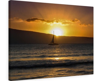 Canvas Wrapped Wall Art, Maui Hawaii, Hawaiian Sunset, Sailing Ship, Quality Designed, Multiple Sizes, Home Decor, Business Decor, Tropical