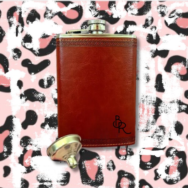 Minimalist Men's Brown Leather Look Hip Flask / Personalised Monogram Hip Flask / Groomsmen Proposal Father's Day Birthday Christmas Gift