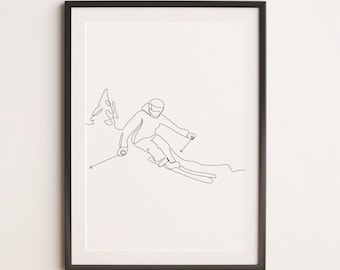 Minimalist Skiing Line Drawing, Printable Wall Art, Sports Fan Gift, Black and White, Printable Sports Poster, Digital Download, Skii