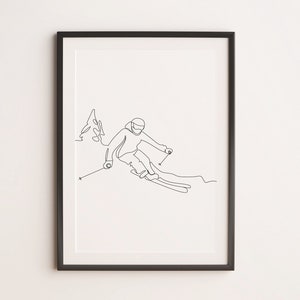 Minimalist Skiing Line Drawing, Printable Wall Art, Sports Fan Gift, Black and White, Printable Sports Poster, Digital Download, Skii