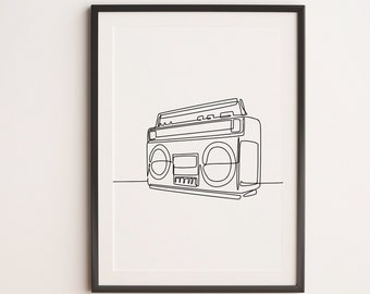 Arte minimalista de la línea de radio vintage, Arte de pared de música, Descarga digital Impresa