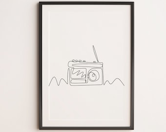 Arte lineal de radio vintage minimalista, arte mural musical, impresión de descarga digital