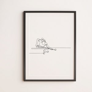 Minimalist Billiard Line art, Digital Download, Pool Table Print, Woman Player Poster, Hobby Printable