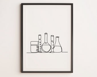 May include: Black framed print featuring a minimalist line drawing of laboratory glassware. The artwork includes beakers, flasks, and graduated cylinders, all rendered in a continuous black line against a white background. The print is displayed on a white wall above a wooden floor.