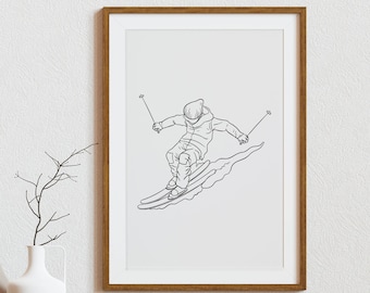 Minimalist Skiing line art print, Winter sport wall prints, Digital Download, Snow poster, Outline Drawing printable, Home decor