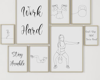 May include: Set of six motivational fitness posters with black line drawings of women exercising and inspirational quotes. The quotes include "Work Hard", "Stay Humble", "Don't Stop Until You're Proud", and more.