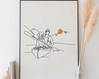 Kayaking Poster, Minimalist Line Art, Sunrise Print, Kayak With Dog Drawing, Gift, Landscape Sunset, Boat Decoration, Digital File