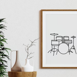 May include: A black and white line drawing of a drum set in a wooden frame. The drawing is on a white background.