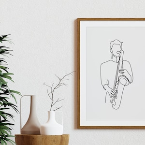 Minimalist Saxophone Player Line Art , Music wall art, Digital Download Print, Musician Gift, Instrument Drawing, Simple Sketch Poster
