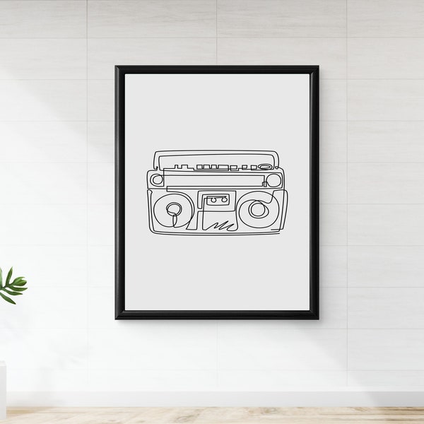 Minimalist Vintage Stereo Line Drawing, Printable Wall Art, Retro Music Fan Gift, Black and White, boombox, digital download