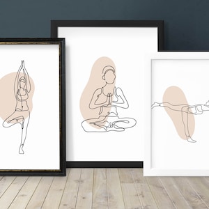 Juego de 3 decoraciones de pared con yoga, descarga digital, arte lineal con estiramientos corporales