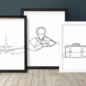 Traveling line art Set of 3 wall art,travel lovers wall art, Digital Download, Airplane , travel the world Poster