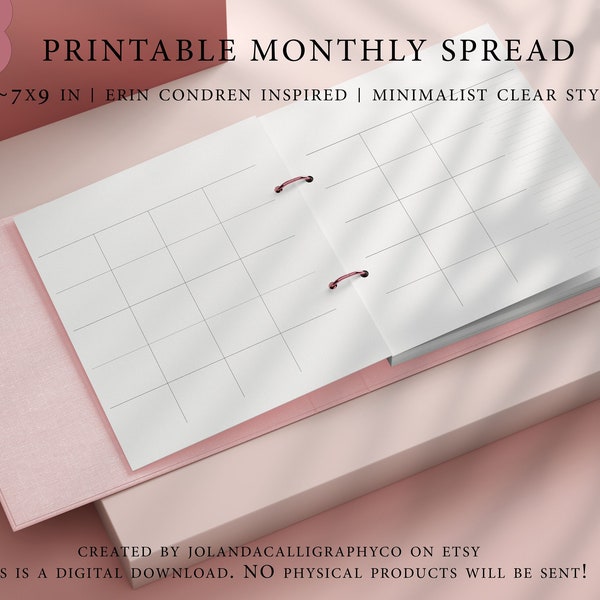 Monthly Planner Printable Insert Undated, Erin Condren Style, Month on 2 Pages, Minimalist Downloadable Planner Inserts, PDF File, EC 7x9