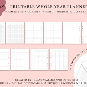 Whole Year Planner Printable Insert Undated, Erin Condren Style, Yearly Planner, Minimalist Downloadable Planner Inserts, PDF File, EC 7x9