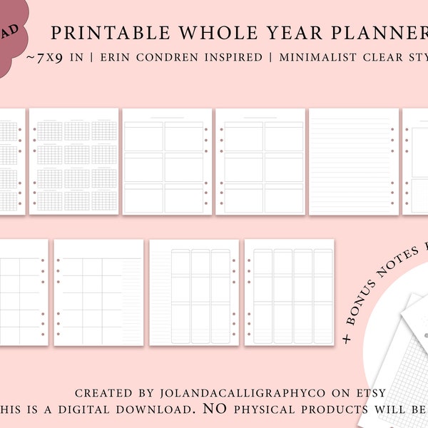 Whole Year Planner Printable Insert Undated, Erin Condren Style, Yearly Planner, Minimalist Downloadable Planner Inserts, PDF File, EC 7x9