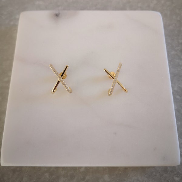 Criss Cross Silver Earrings, Stud Earrings with CZ Diamond, 18k Gold Plated Earrings, Minimalist Earrings, Sterling Silver Earrings.