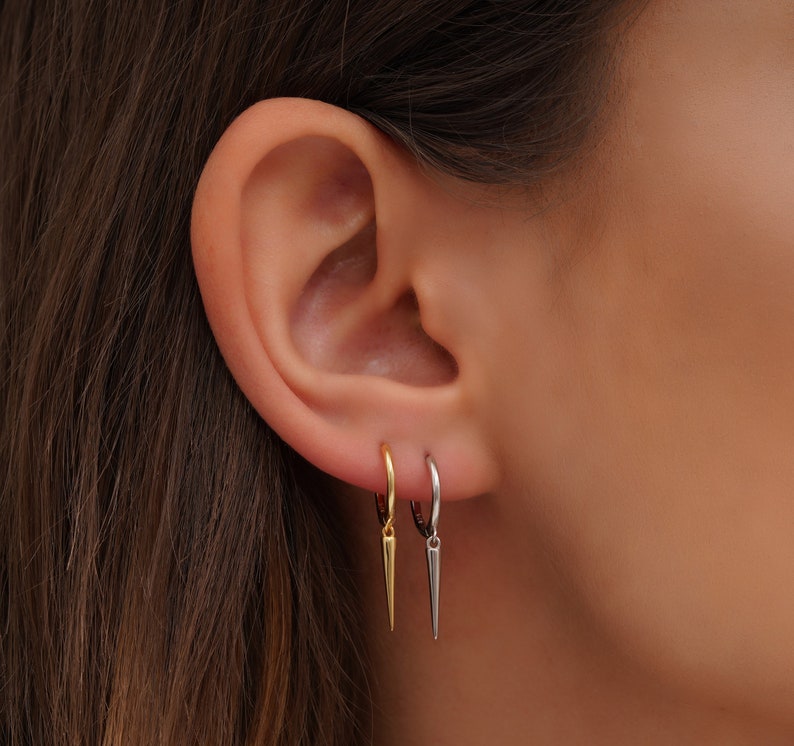 Spike Dangle Earrings, Spike Hoop Earrings, Silver Dangle Earrings, Gold Dangle Earrings, Dangle and Drop Earrings, Sterling Silver Earring. image 1