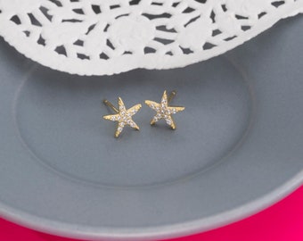 Silver stud earrings, Small stud earrings, Minimalist earrings, Starfish stud earrings, Earrings with cubic zirconia stone