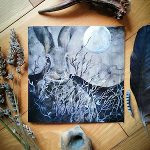 Carte de voeux Bramble Moon, art païen, animisme, lièvre, nature sauvage, faune