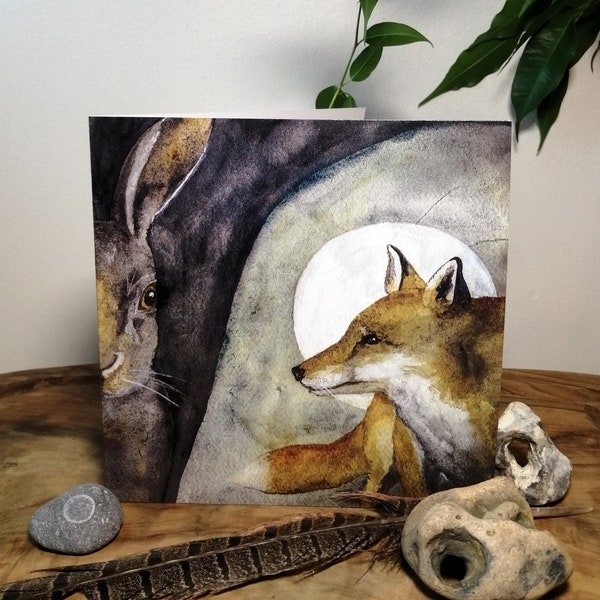 Hare and Fox Greetings Card, nature wildlife art,