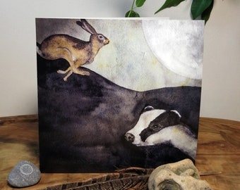 Hare and Badger Greetings Card, nature, art, wild