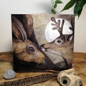 Hare and Fawn Greetings card, nature art, wildlife, deer