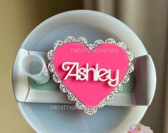 Valentines Day Topper, Pink Scalloped Heart Name Tag, Valentines Day Tumbler Topper, Everyday Tumbler Tag, Personalized Name Plate